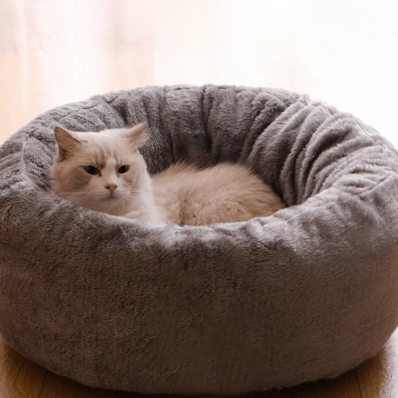 Long Plush Donut Round Pet Bed Warm Fluffy Cushion Mat