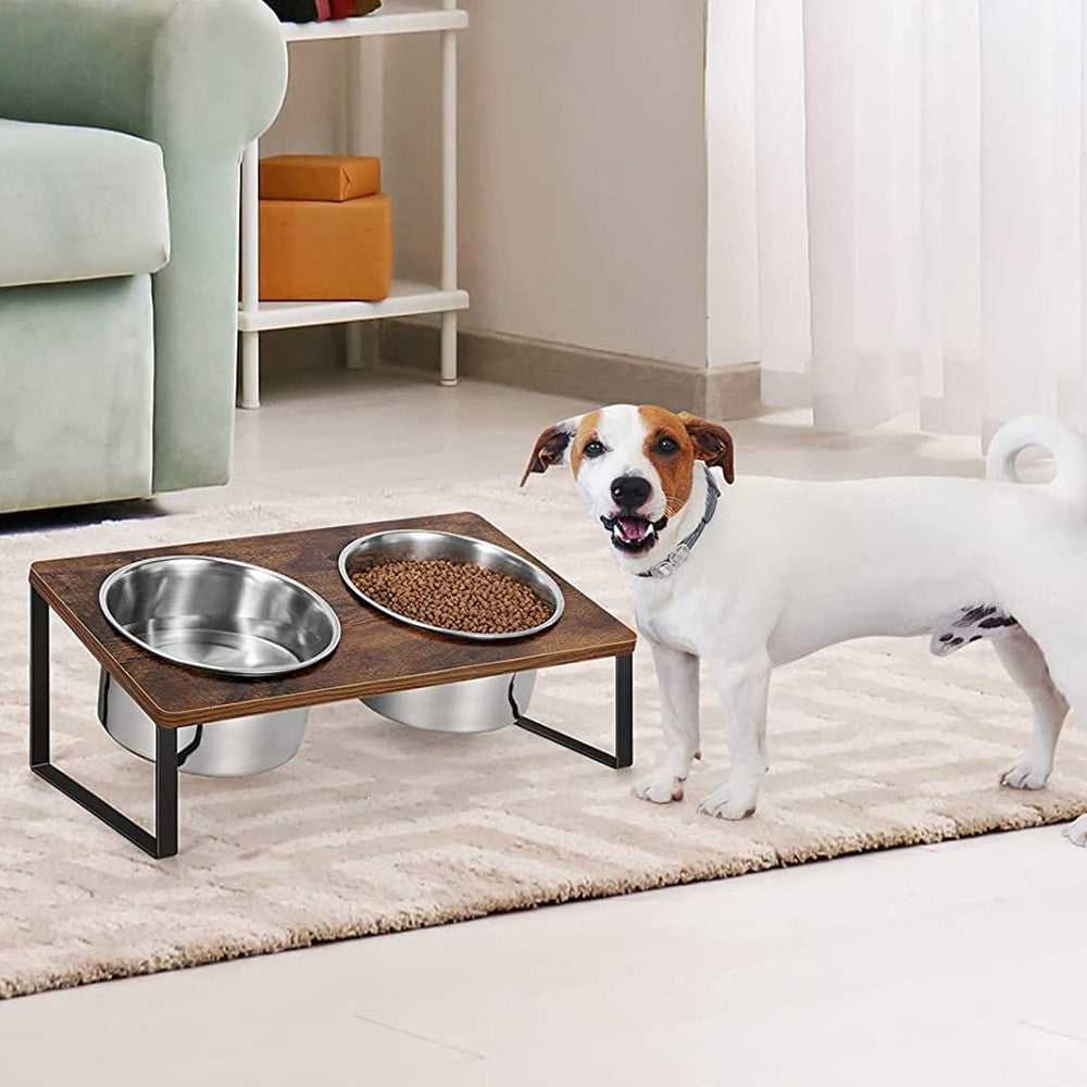 Iron and Wood Elevated Feeding Rack with Bowls for Pets