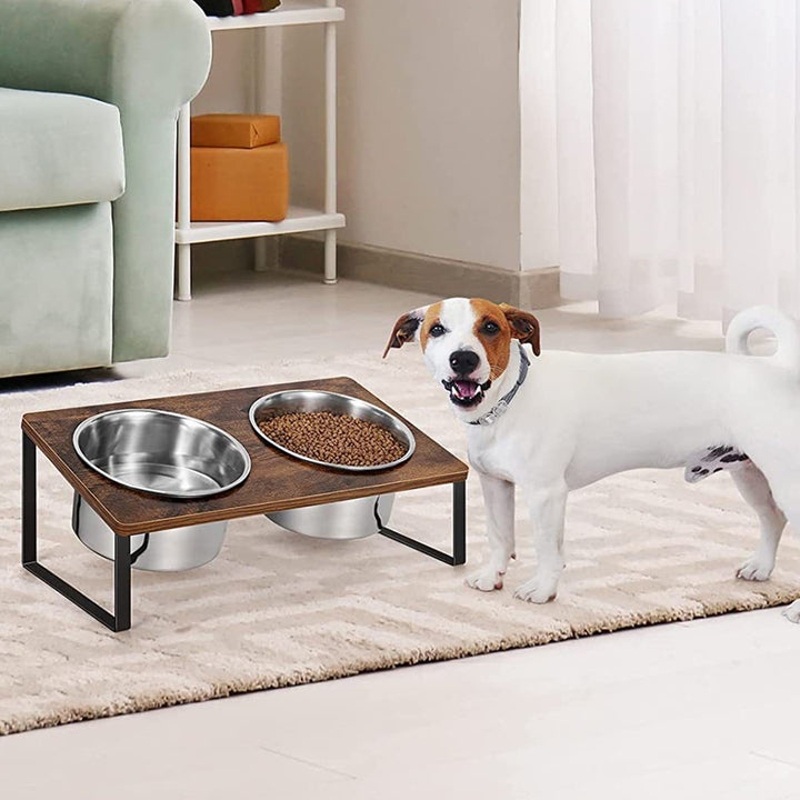 Iron and Wood Elevated Feeding Rack with Bowls for Pets
