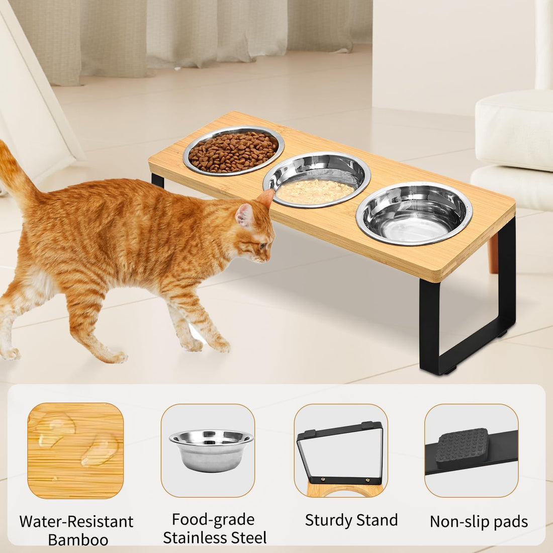 Iron and Wood Elevated Feeding Rack with Bowls for Pets