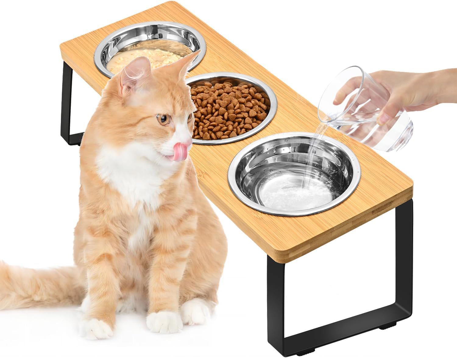 Iron and Wood Elevated Feeding Rack with Bowls for Pets