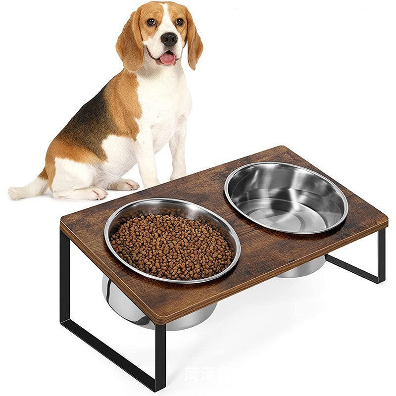 Iron and Wood Elevated Feeding Rack with Bowls for Pets