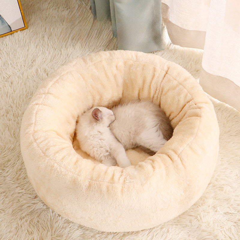 Long Plush Donut Round Pet Bed Warm Fluffy Cushion Mat