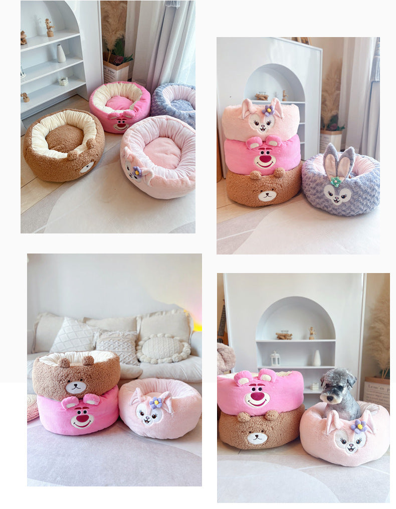 Cartoon Plush Pet Nest Cushion Round Bed For All Season Comfort