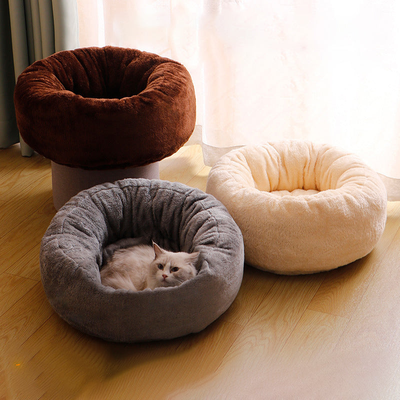 Long Plush Donut Round Pet Bed Warm Fluffy Cushion Mat