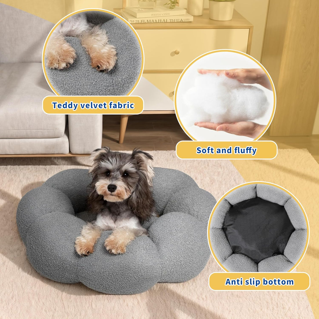 Calming Fluffy Flower Pet Bed Round Donut Washable Non Slip Bed
