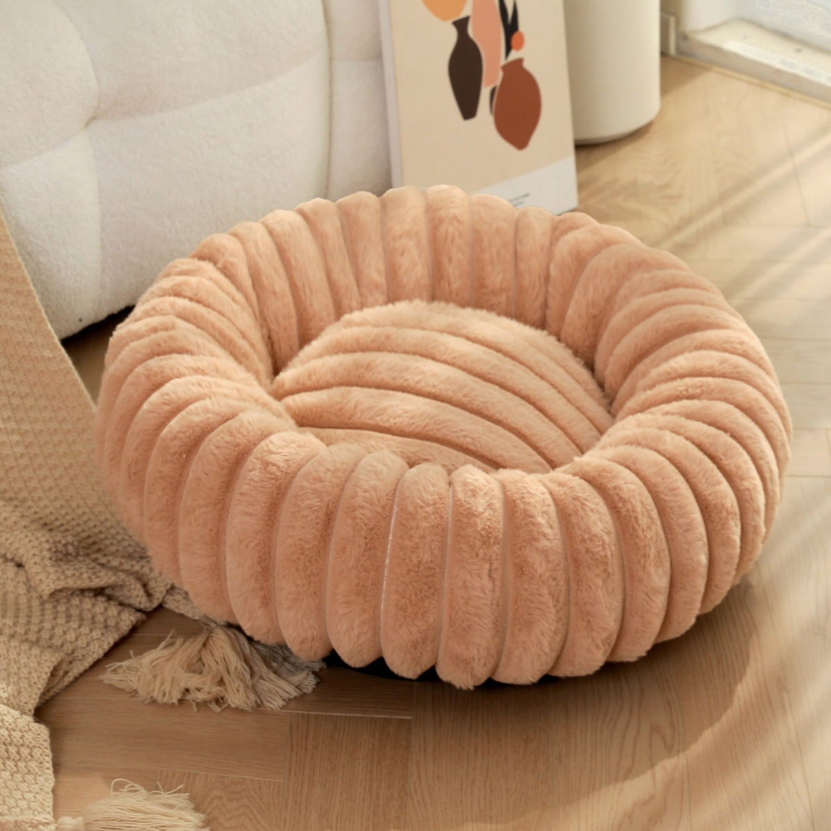 Round Plush Pet Nest Long Hair Warm Bed For Winter Comfort