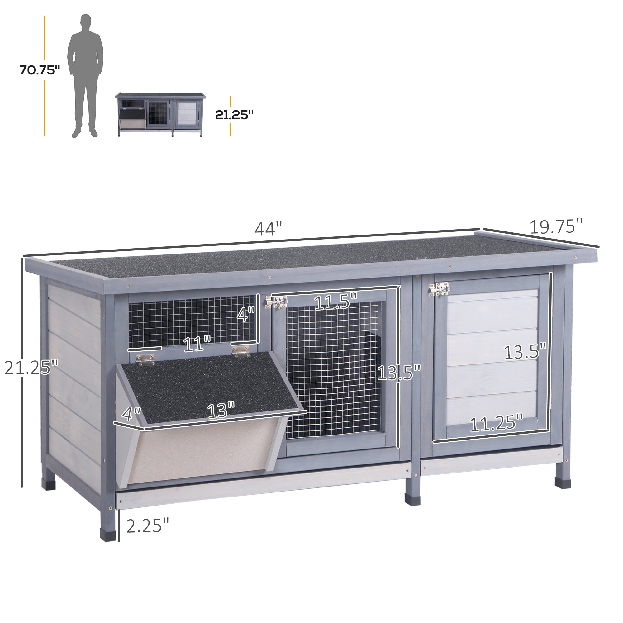 Wooden Pet Hutch Cage Waterproof Leakproof Tray Indoor Outdoor Gray