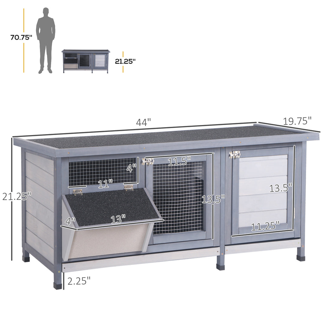 Wooden Pet Hutch Cage Waterproof Leakproof Tray Indoor Outdoor Gray