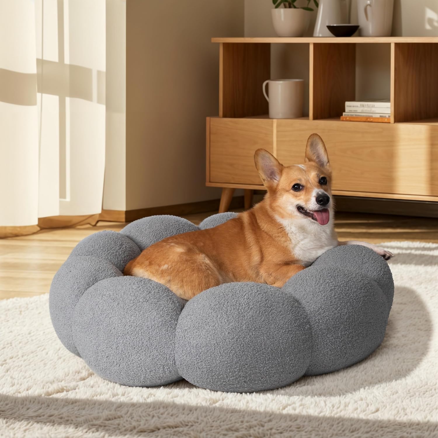 Calming Fluffy Flower Pet Bed Round Donut Washable Non Slip Bed