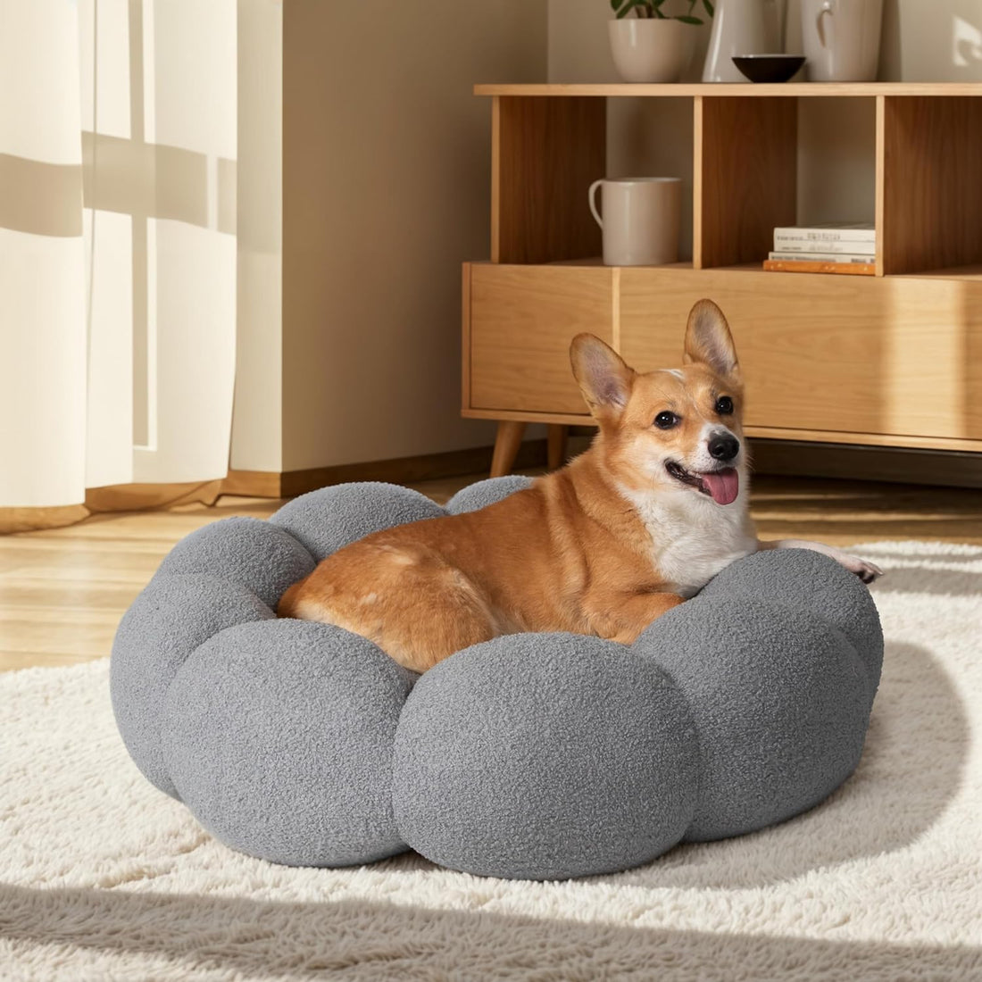 Calming Fluffy Flower Pet Bed Round Donut Washable Non Slip Bed