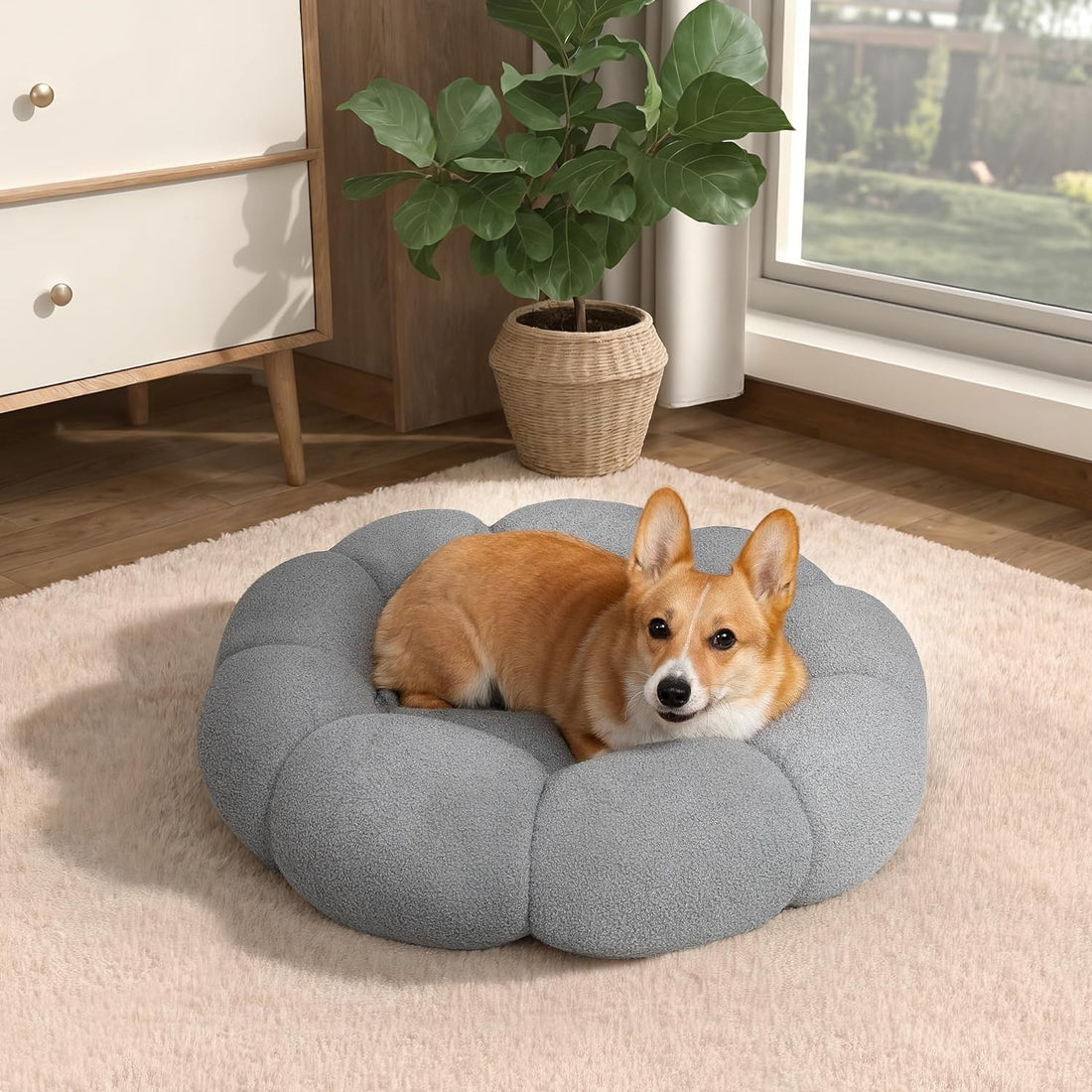 Calming Fluffy Flower Pet Bed Round Donut Washable Non Slip Bed