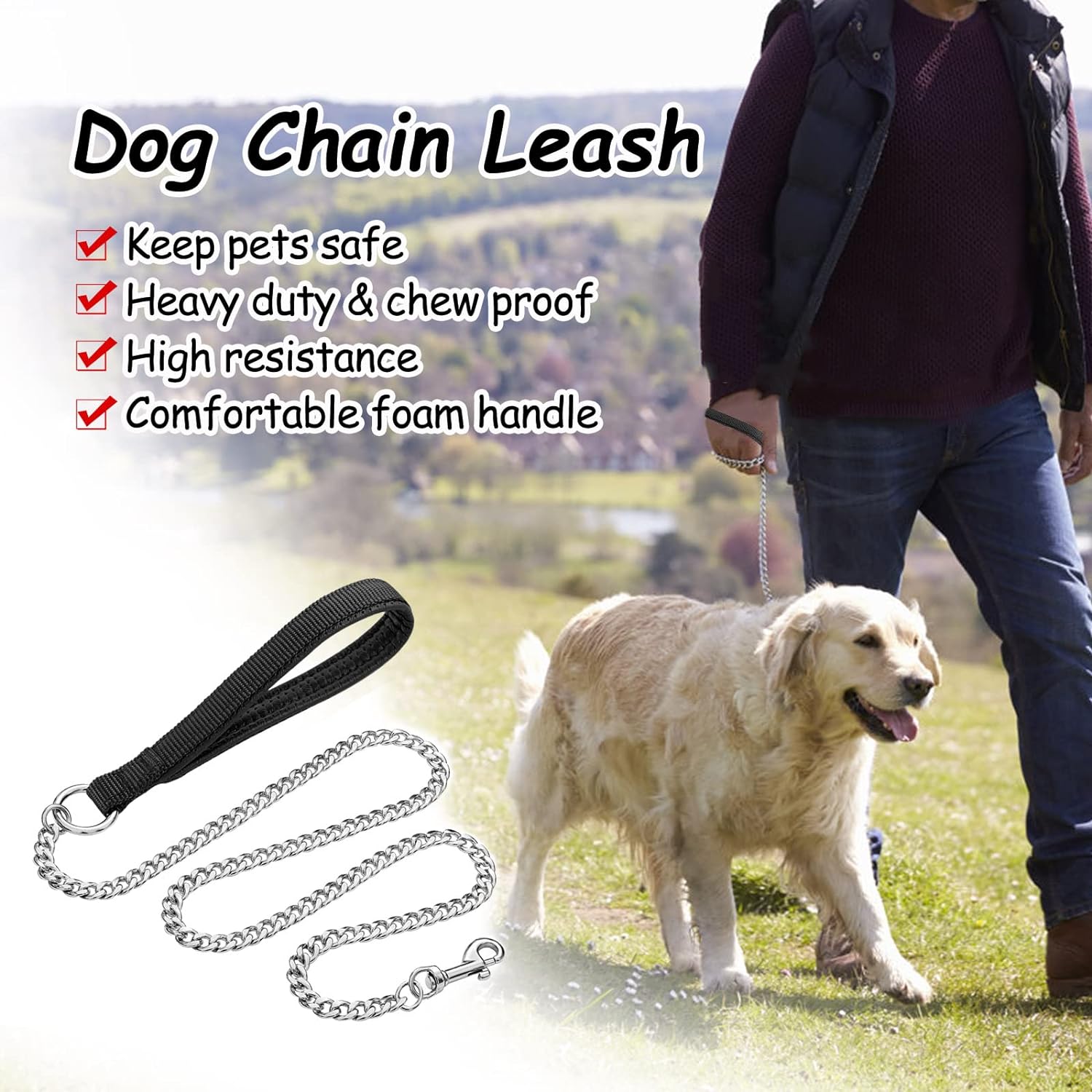 Heavy Duty Metal Pet Leash Chain With Soft Padded Handle