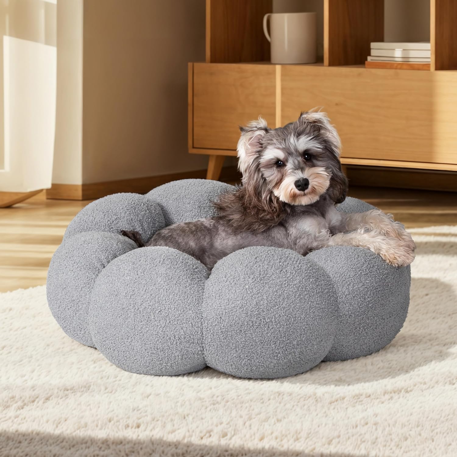Calming Fluffy Flower Pet Bed Round Donut Washable Non Slip Bed