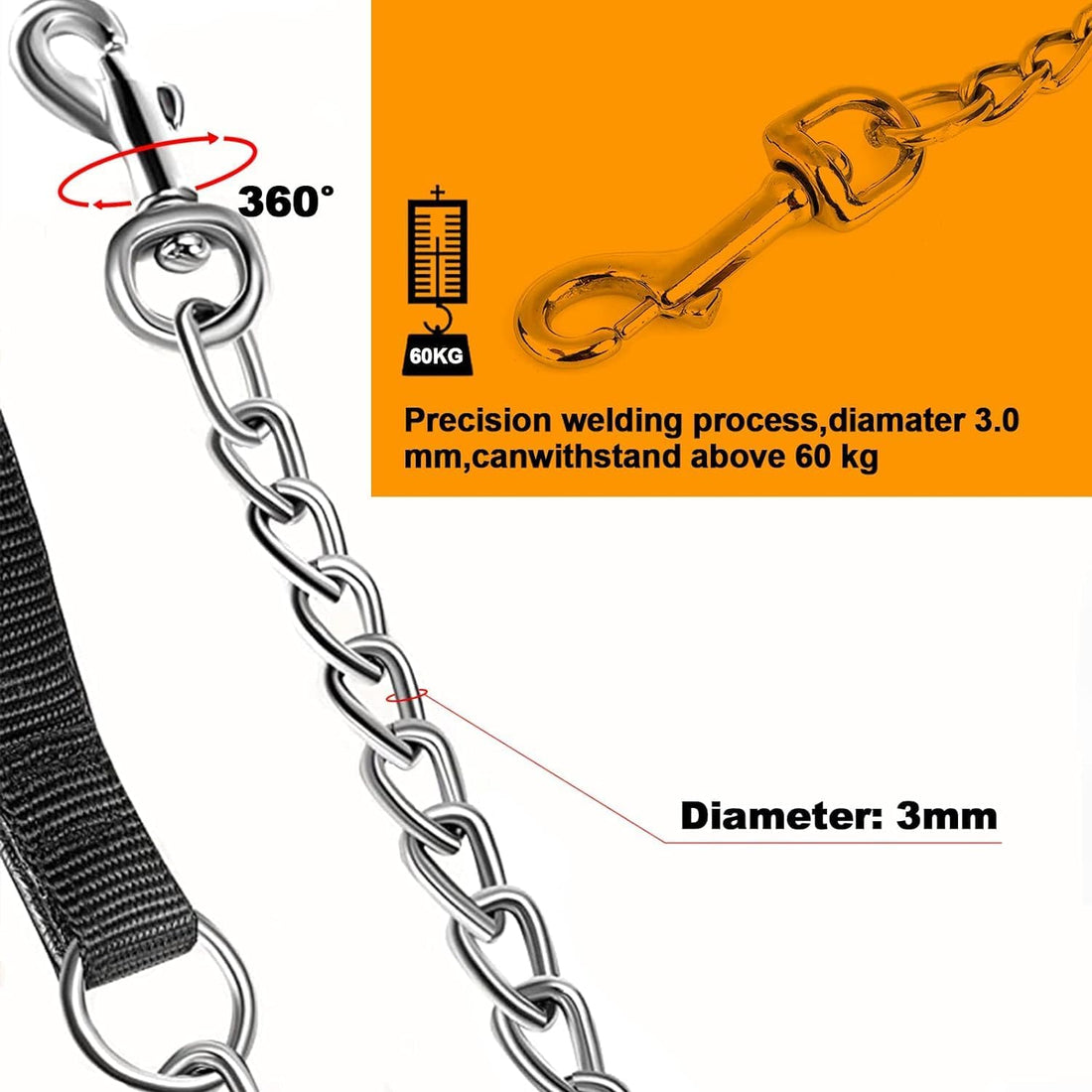 Heavy Duty Metal Pet Leash Chain With Soft Padded Handle