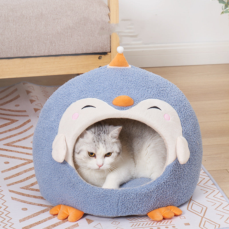 Penguin Style Enclosed Pet Nest Soft Warm Bed With Spacious Interior
