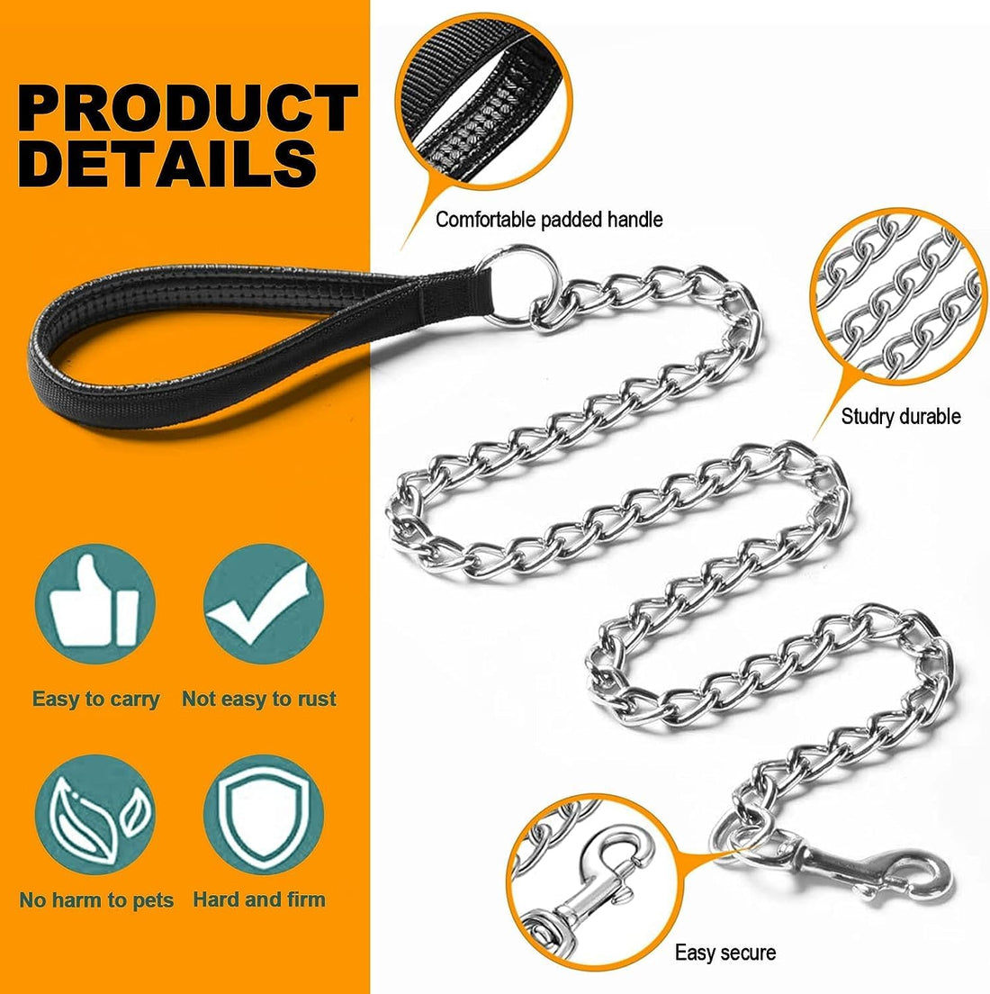 Heavy Duty Metal Pet Leash Chain With Soft Padded Handle
