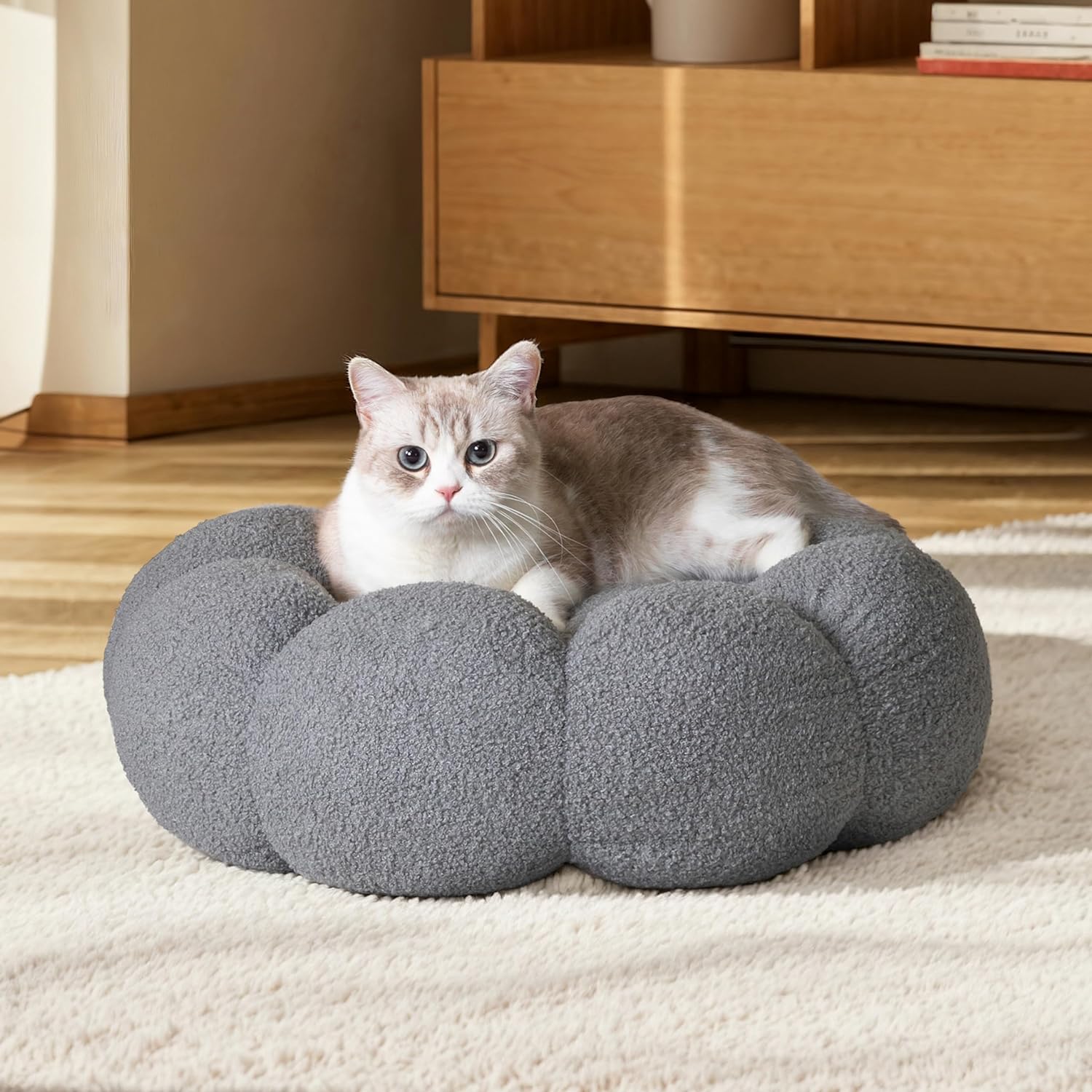 Calming Fluffy Flower Pet Bed Round Donut Washable Non Slip Bed
