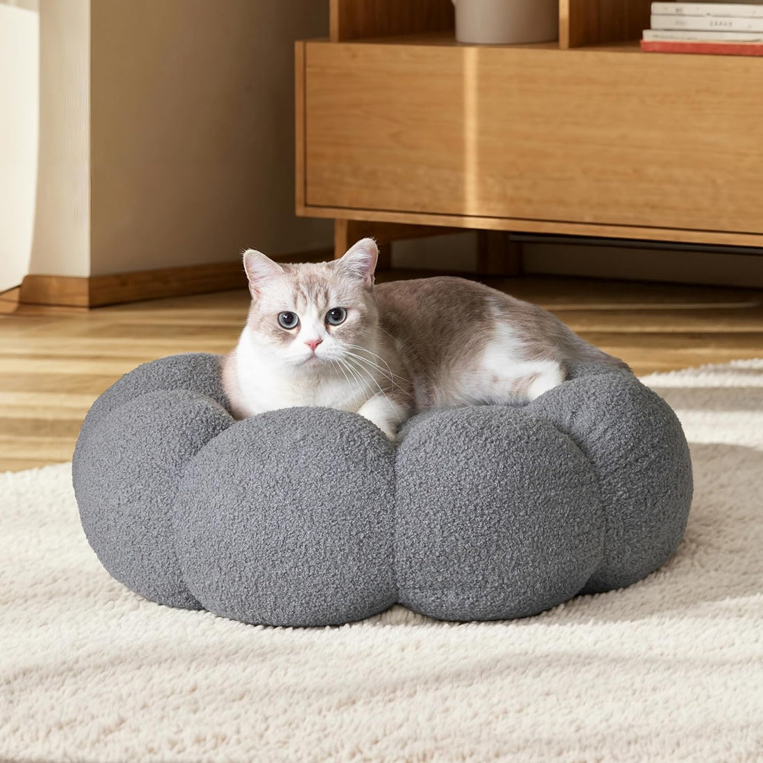 Calming Fluffy Flower Pet Bed Round Donut Washable Non Slip Bed